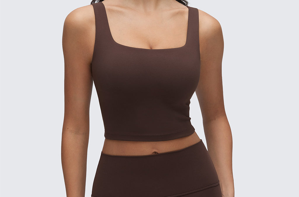 CRZ YOGA Women's Square Neck Longline Sports Bra Hot Fudge Brown