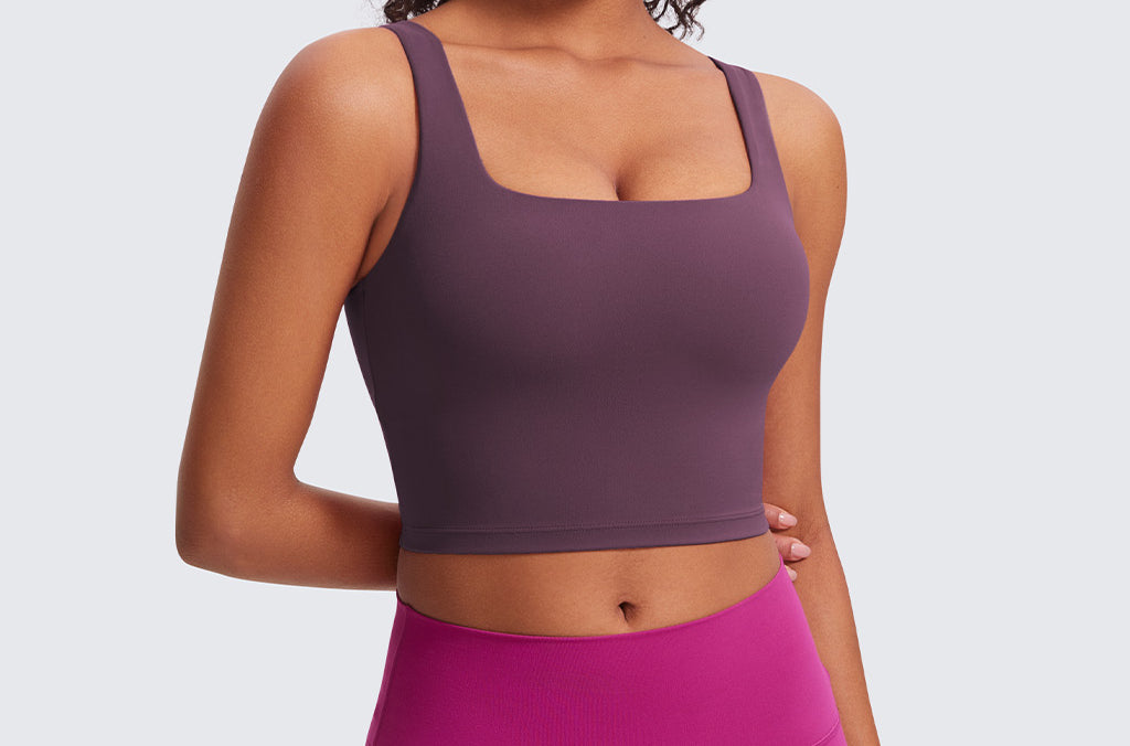 CRZ YOGA Women's Square Neck Longline Sports Bra Grape Thistle Purple