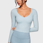 Women's Natrelax V-Neck Long Sleeve Tops Blue Linen