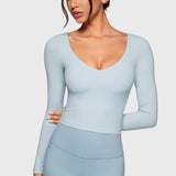 Women's Natrelax V-Neck Long Sleeve Tops Blue Linen