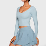 Women's Natrelax V-Neck Long Sleeve Tops Blue Linen