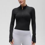 CRZ YOGA Women's Half Zip Long Sleeve Cropped Top Black