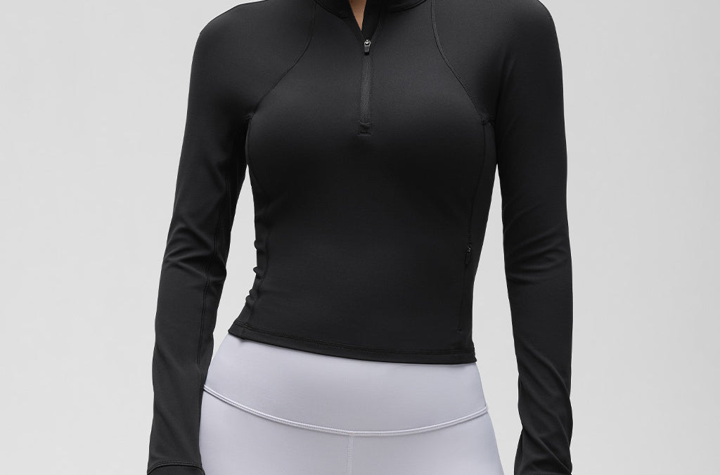 CRZ YOGA Women's Half Zip Long Sleeve Cropped Top Black