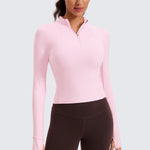 CRZ YOGA Women's Half Zip Long Sleeve Cropped Top Pink Peony