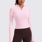 CRZ YOGA Women's Half Zip Long Sleeve Cropped Top Pink Peony