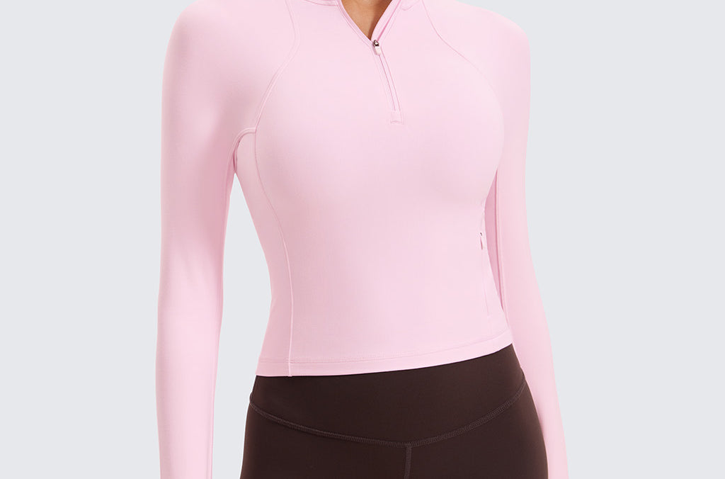 CRZ YOGA Women's Half Zip Long Sleeve Cropped Top Pink Peony
