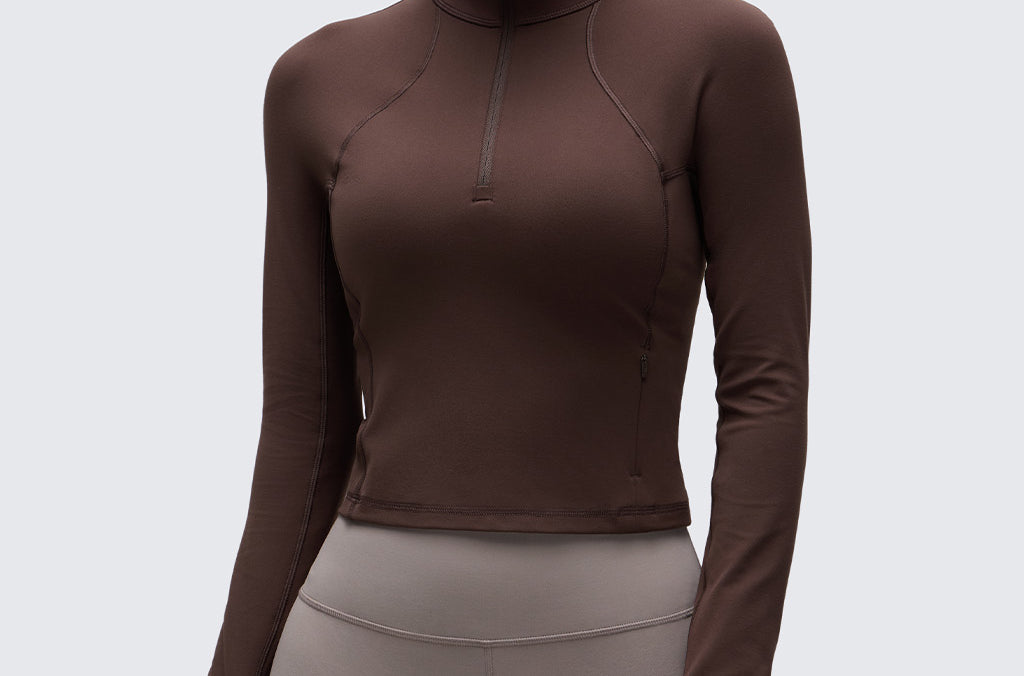 CRZ YOGA Women's Half Zip Long Sleeve Cropped Top Hot Fudge Brown