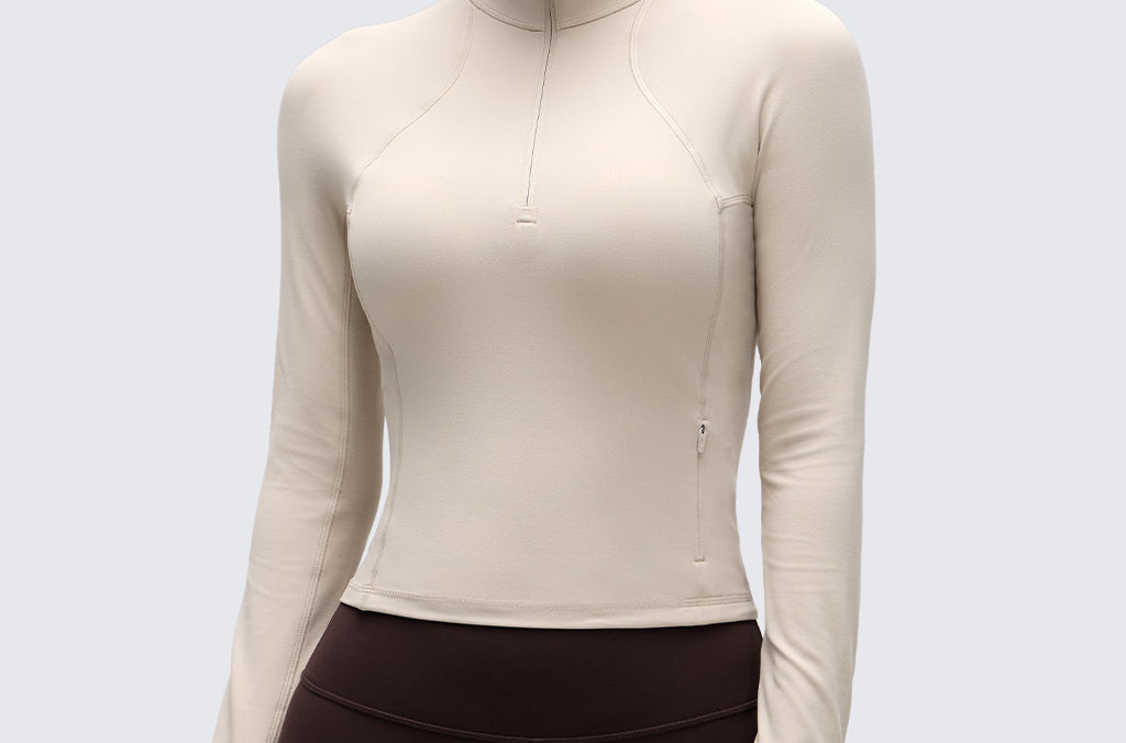 CRZ YOGA Women's Half Zip Long Sleeve Cropped Top Mojave Tan