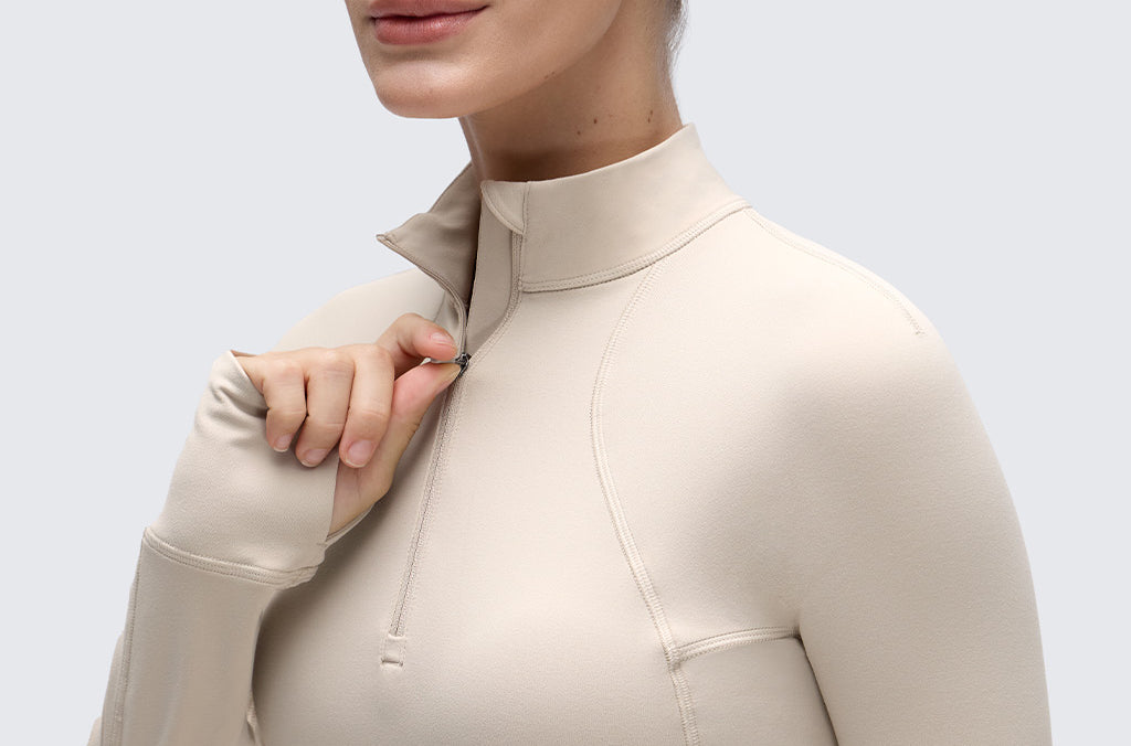 CRZ YOGA Women's Half Zip Long Sleeve Cropped Top Mojave Tan