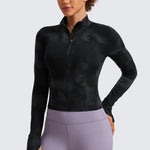 CRZ YOGA Women's Half Zip Long Sleeve Cropped Top Black Tie Dye Flowers