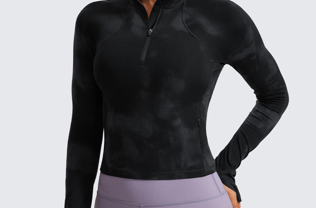 CRZ YOGA Women's Half Zip Long Sleeve Cropped Top Black Tie Dye Flowers