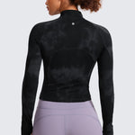 CRZ YOGA Women's Half Zip Long Sleeve Cropped Top Black Tie Dye Flowers