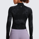 CRZ YOGA Women's Half Zip Long Sleeve Cropped Top Black Tie Dye Flowers