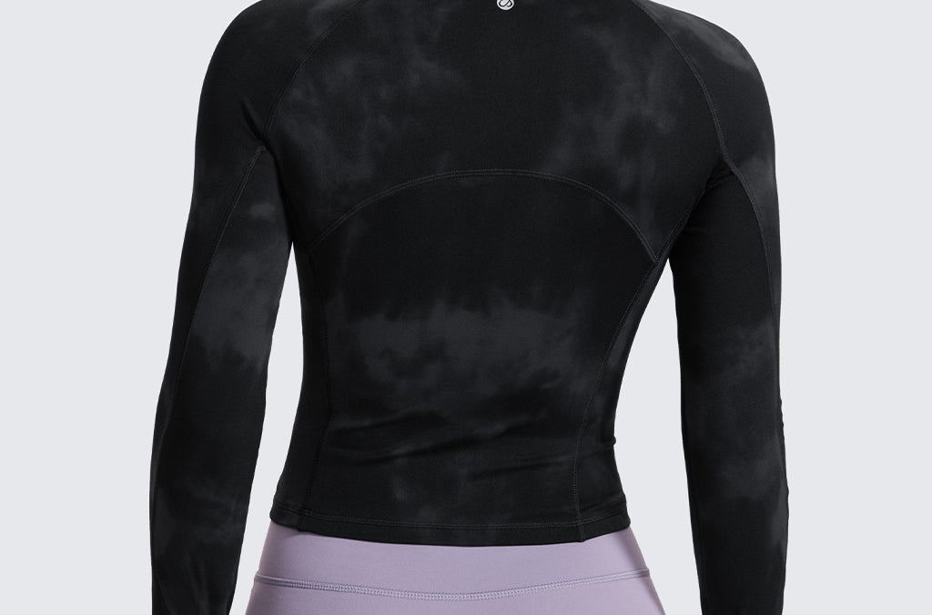 CRZ YOGA Women's Half Zip Long Sleeve Cropped Top Black Tie Dye Flowers