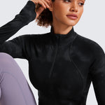 CRZ YOGA Women's Half Zip Long Sleeve Cropped Top Black Tie Dye Flowers