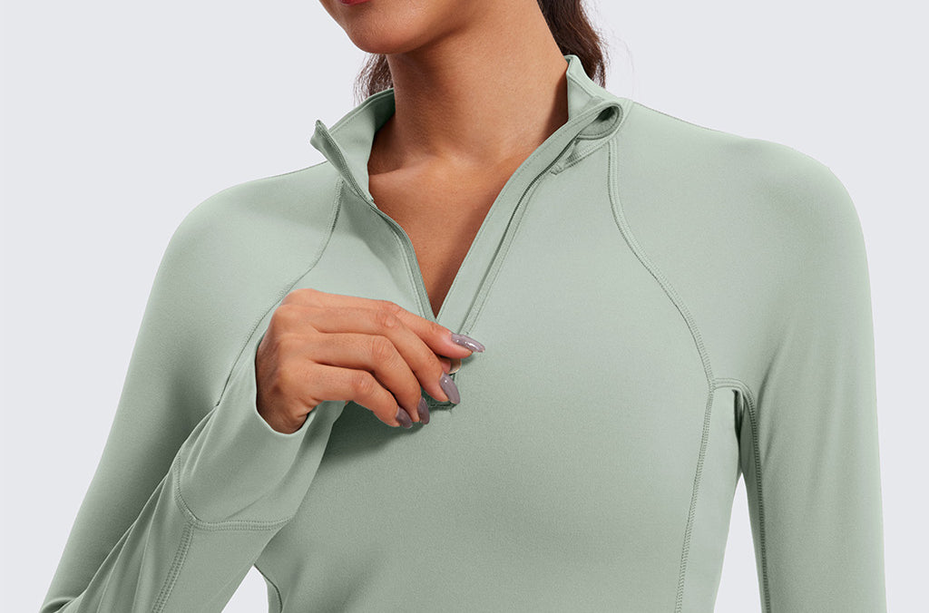 CRZ YOGA Women's Half Zip Long Sleeve Cropped Top Green Palm Court