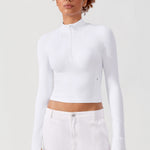 CRZ YOGA Women's Half Zip Long Sleeve Cropped Top White
