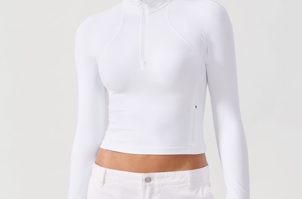 CRZ YOGA Women's Half Zip Long Sleeve Cropped Top White