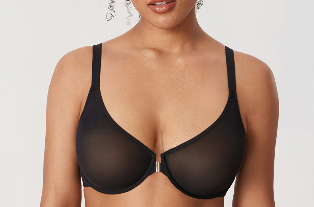 Women's Sheer Mesh Front Closure Posture Bra Black