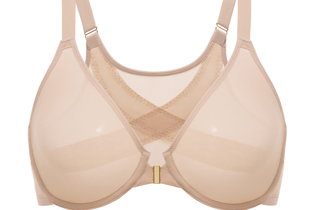 Women's Sheer Mesh Front Closure Posture Bra Beige