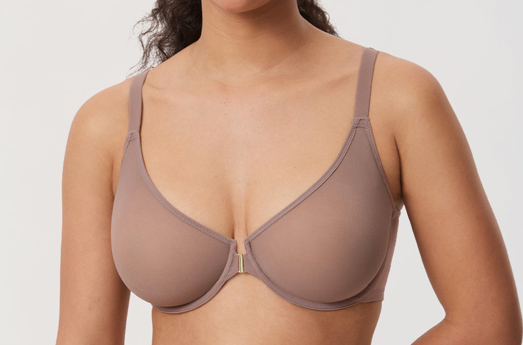 Women's Sheer Mesh Front Closure Posture Bra Brown Purple